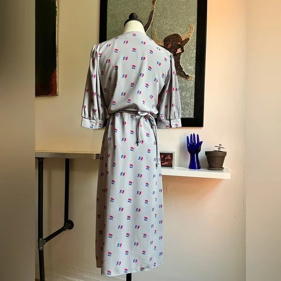 Vintage 80s Wrap Midi Dress | Gray Abstract Print | M - Picture 5 of 7